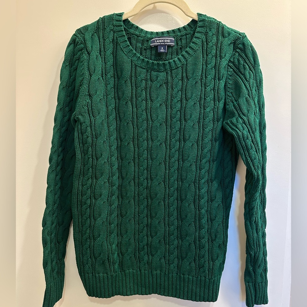 Lands End Drifter Cotton Cable Knit Crew Neck Sweater Green S